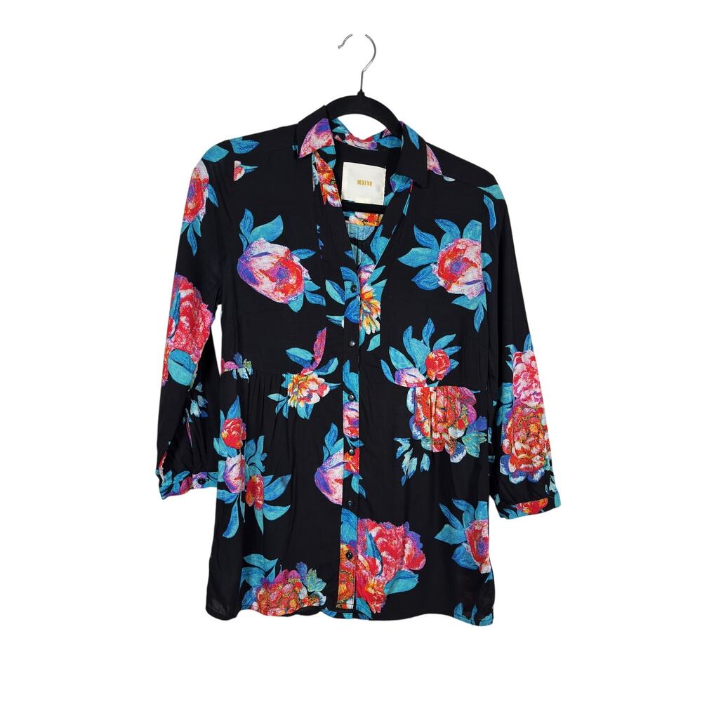 Anthropologie Maeve Woodland Walk Blouse Womens 2 Black Floral Button Front